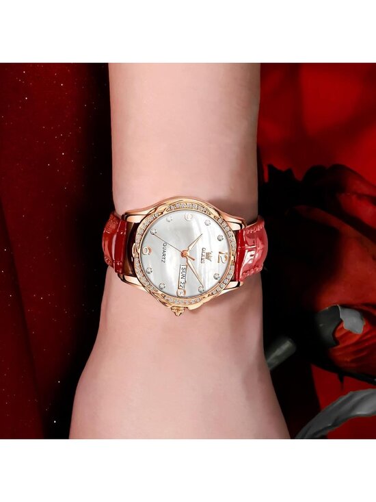 Women\'s Red-Leather Rose Gold Ceramic Two Tone Ladies Casual Watch Day Date Gift main image 7